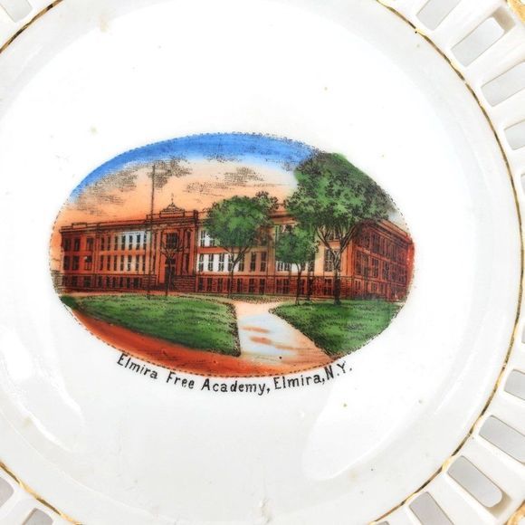 Vtg Elmira Free Academy Souvenir Plate Porcelain NY Lace Edge Reticulated German - Picture 2 of 6